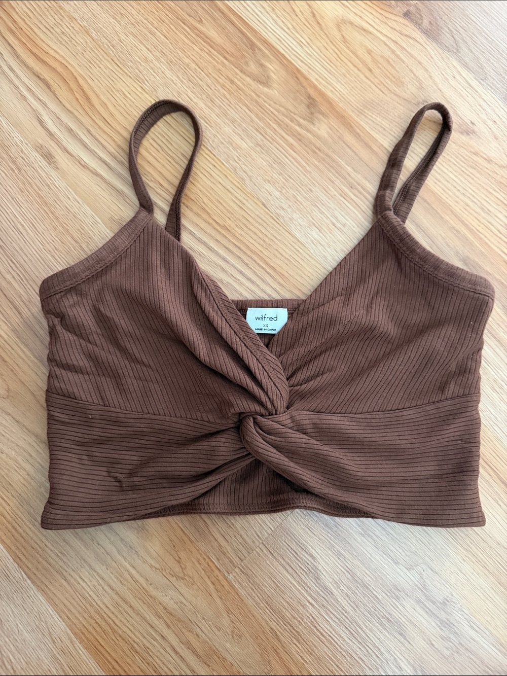 Aritzia Wilfred Chocolate Brown Ribbed Twist-Front Camisole